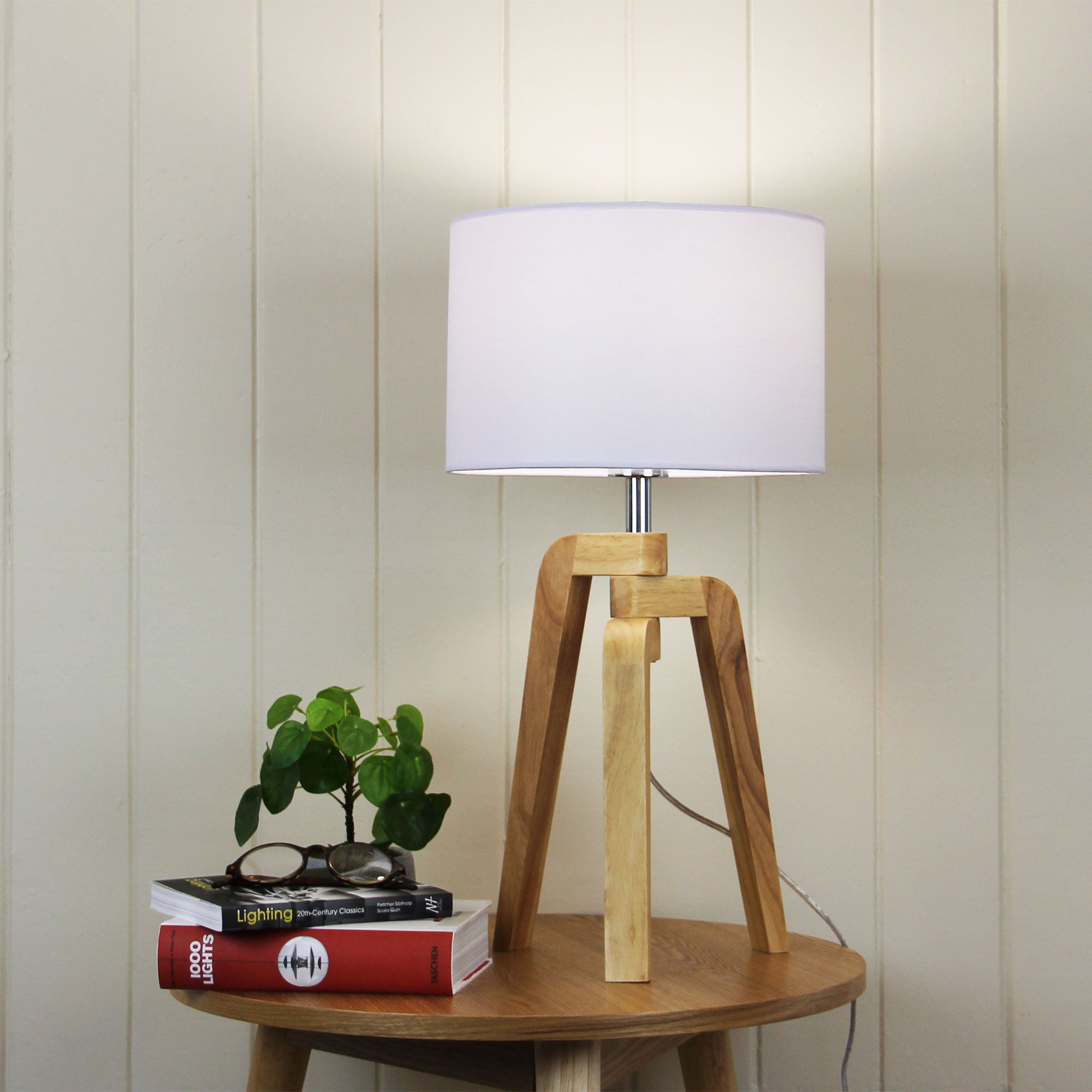 Lund Timber & White Fabric Scandi Inspired Tripod Table Lamp