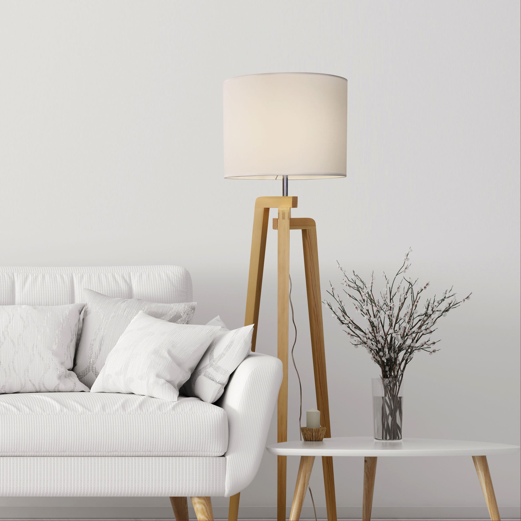 Lund Natural Timber & White Fabric Floor Lamp