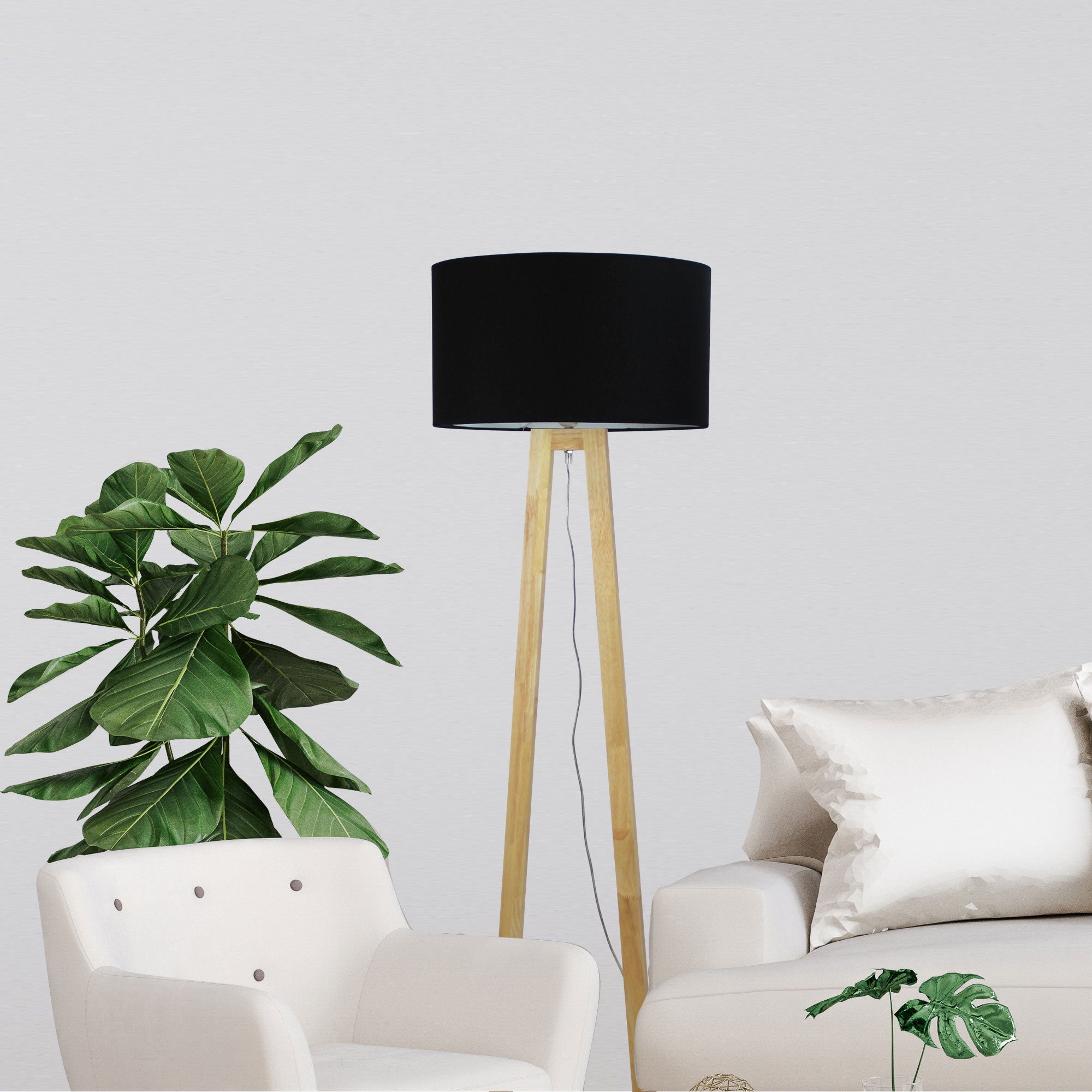 Edra Natural Timber & Black Cotton Scandi Floor Lamp