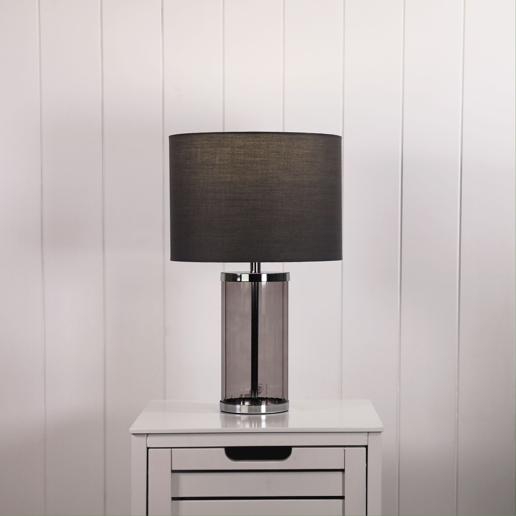 Nizio.Grey Smoked Glass & Grey Fabric Table Lamp