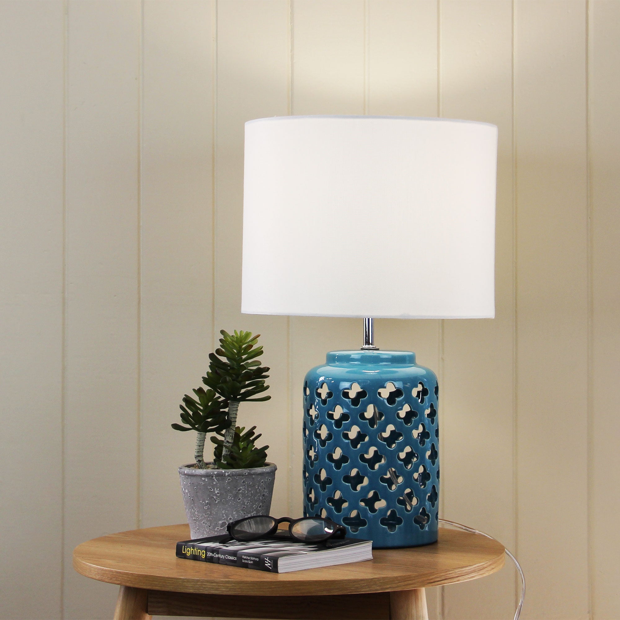 Casbah Teal Blue Ceramic & Beige Flax Table Lamp