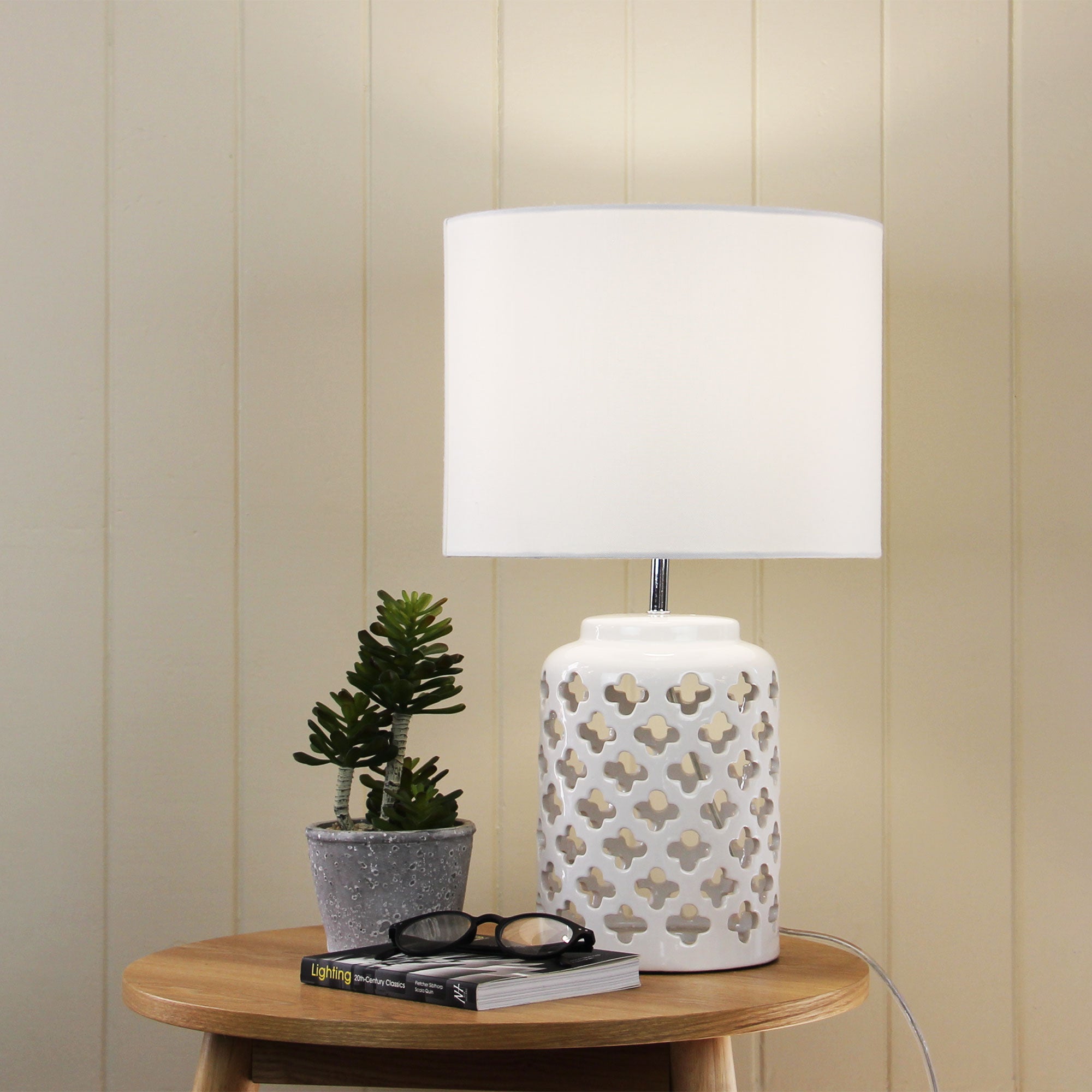Casbah Antique White Ceramic & Beige Flax Table Lamp