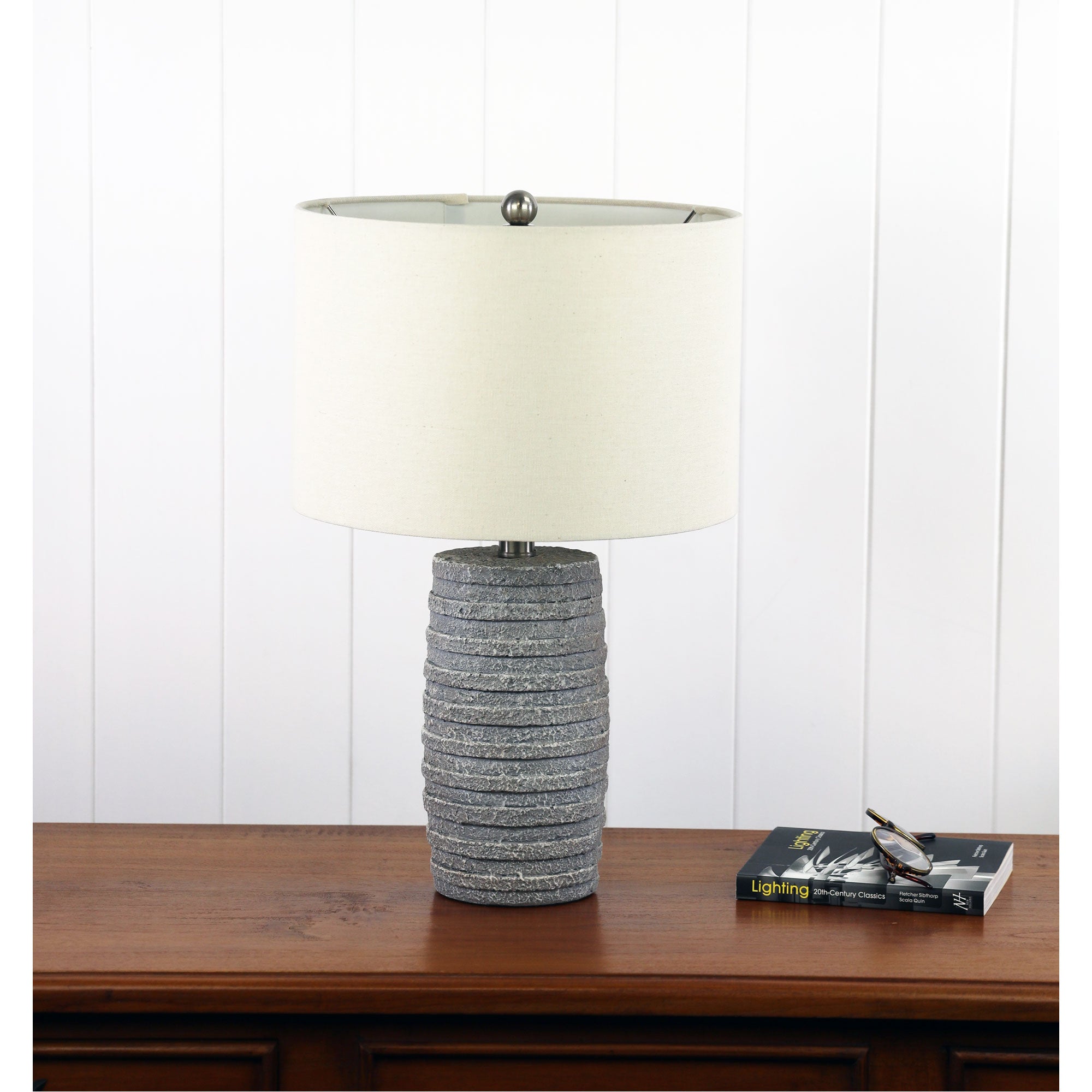 Strata Grey Resin & Natural Linen, Concrete Look Table Lamp With Harp Shade