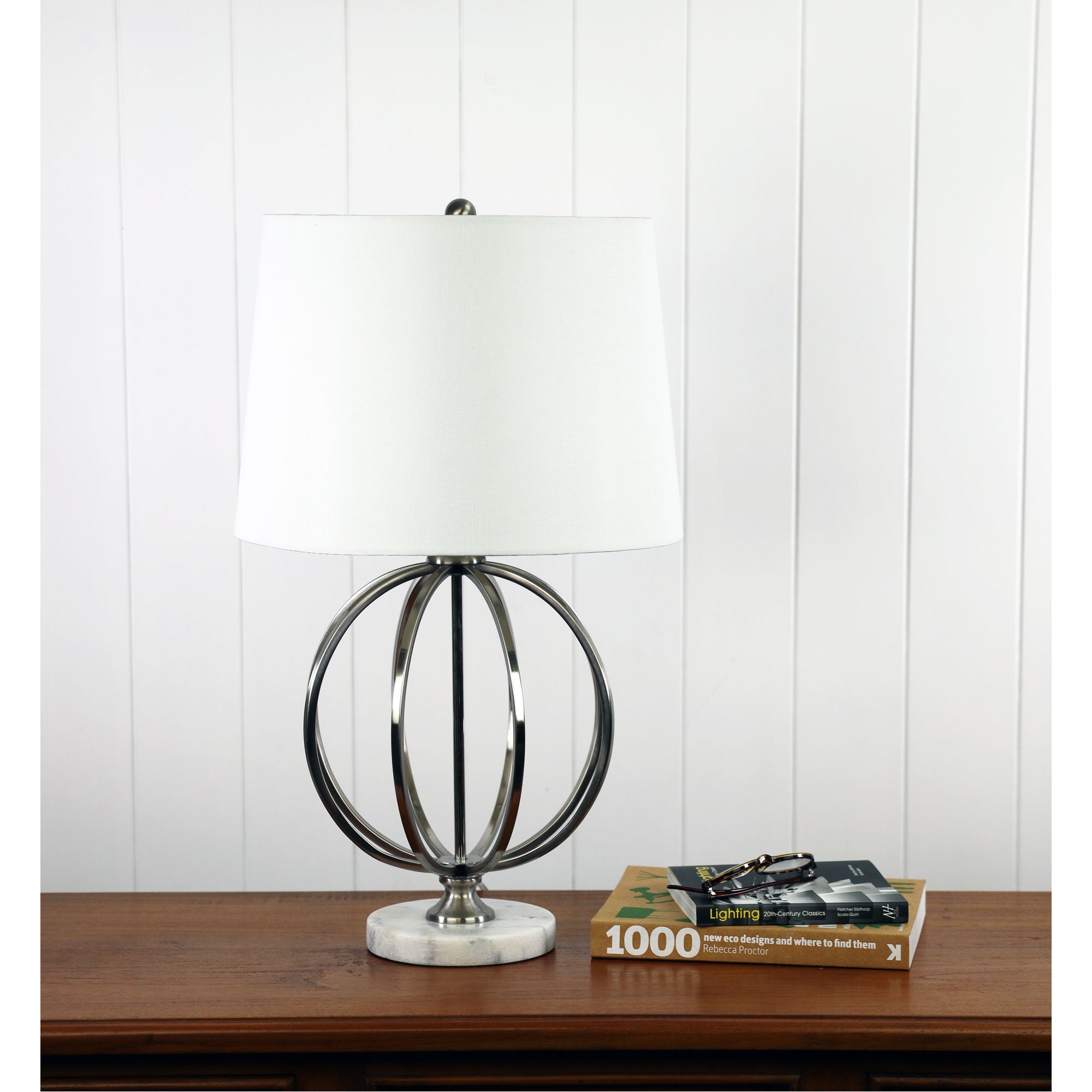 Vinchy Brushed Chrome & White Fabric Geometric Lamp With Harp Shade