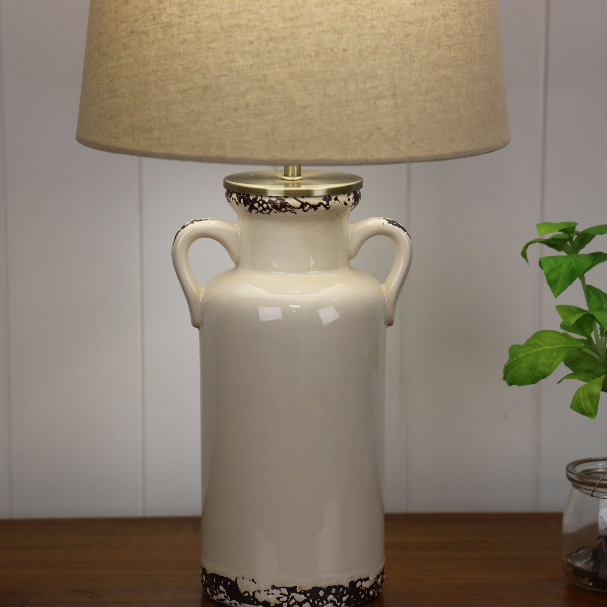 Whitby Distressed White Ceramic & Natural Linen Shade Table Lamp With Harp Shade