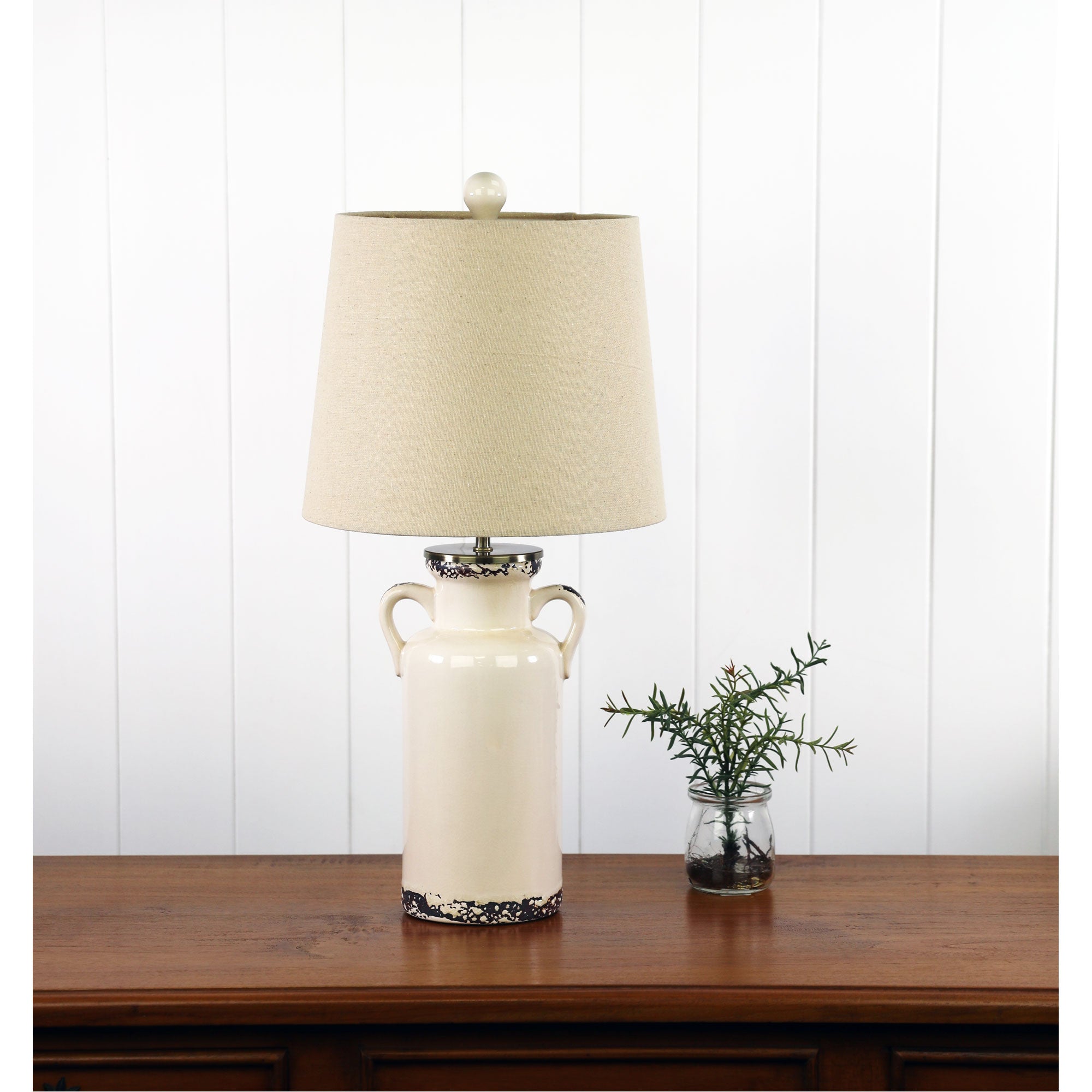 Whitby Distressed White Ceramic & Natural Linen Shade Table Lamp With Harp Shade