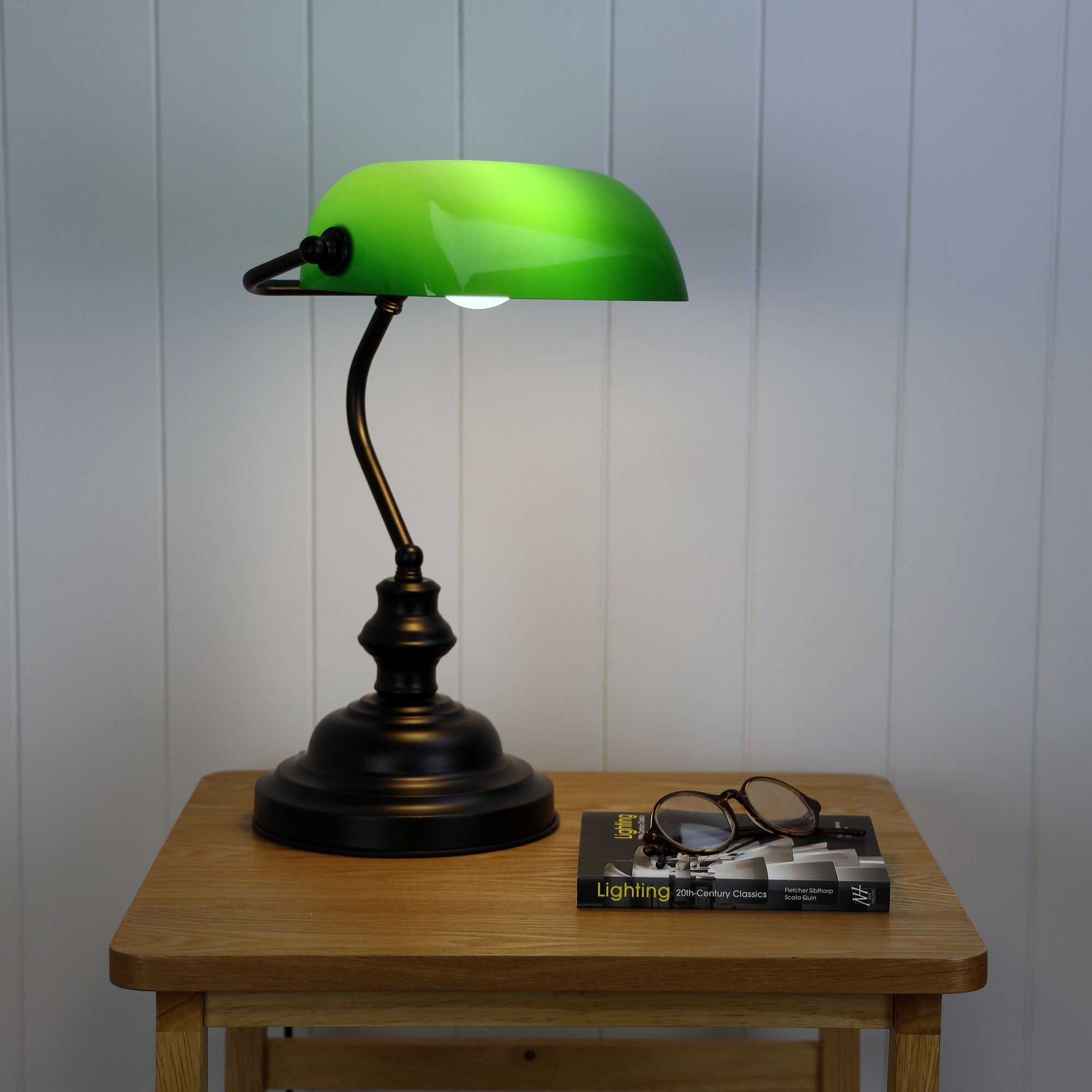 Bankers Switched Black & Green Glass Shade Table Lamp