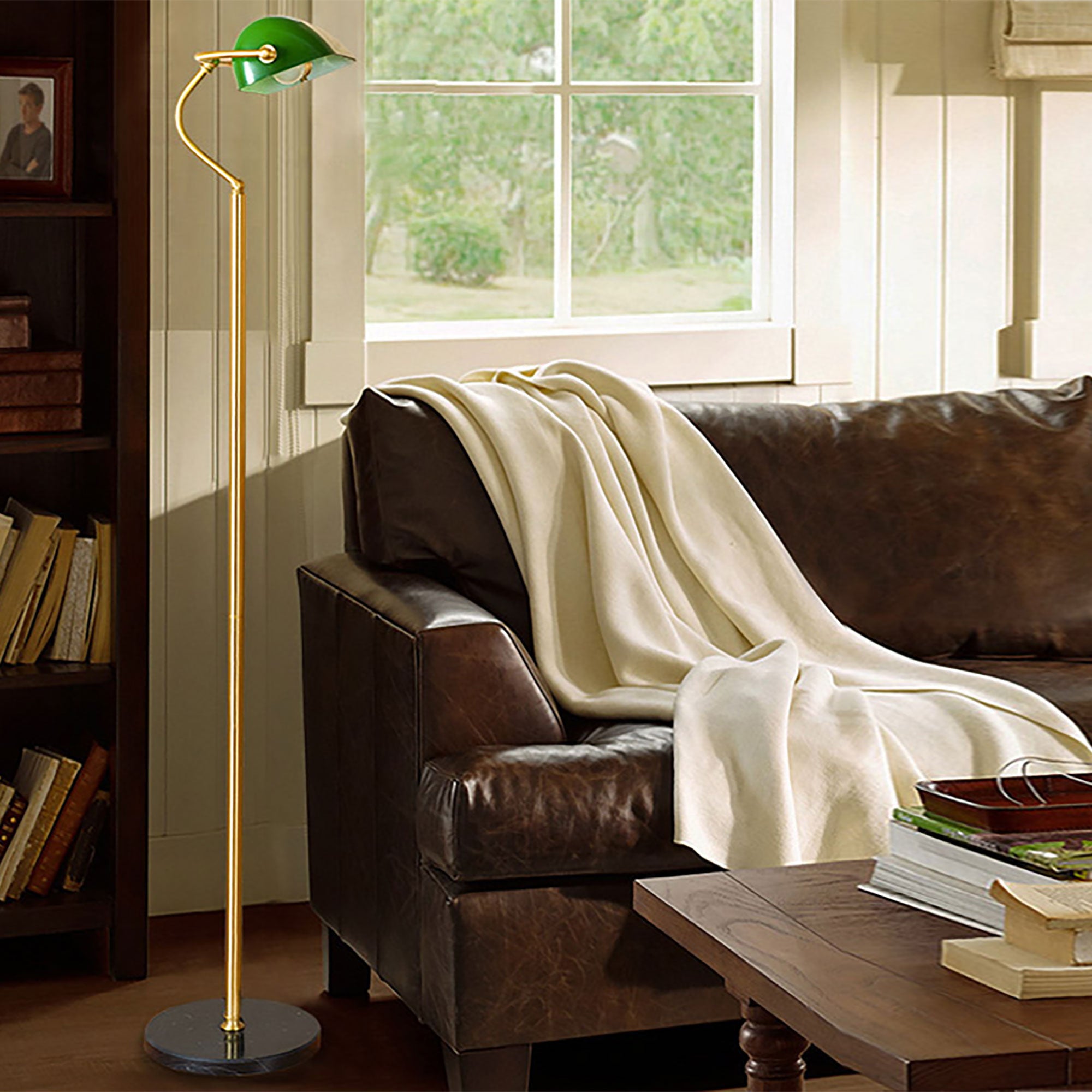 Bankers Antique Brass & Green Glass Shade Floor Lamp