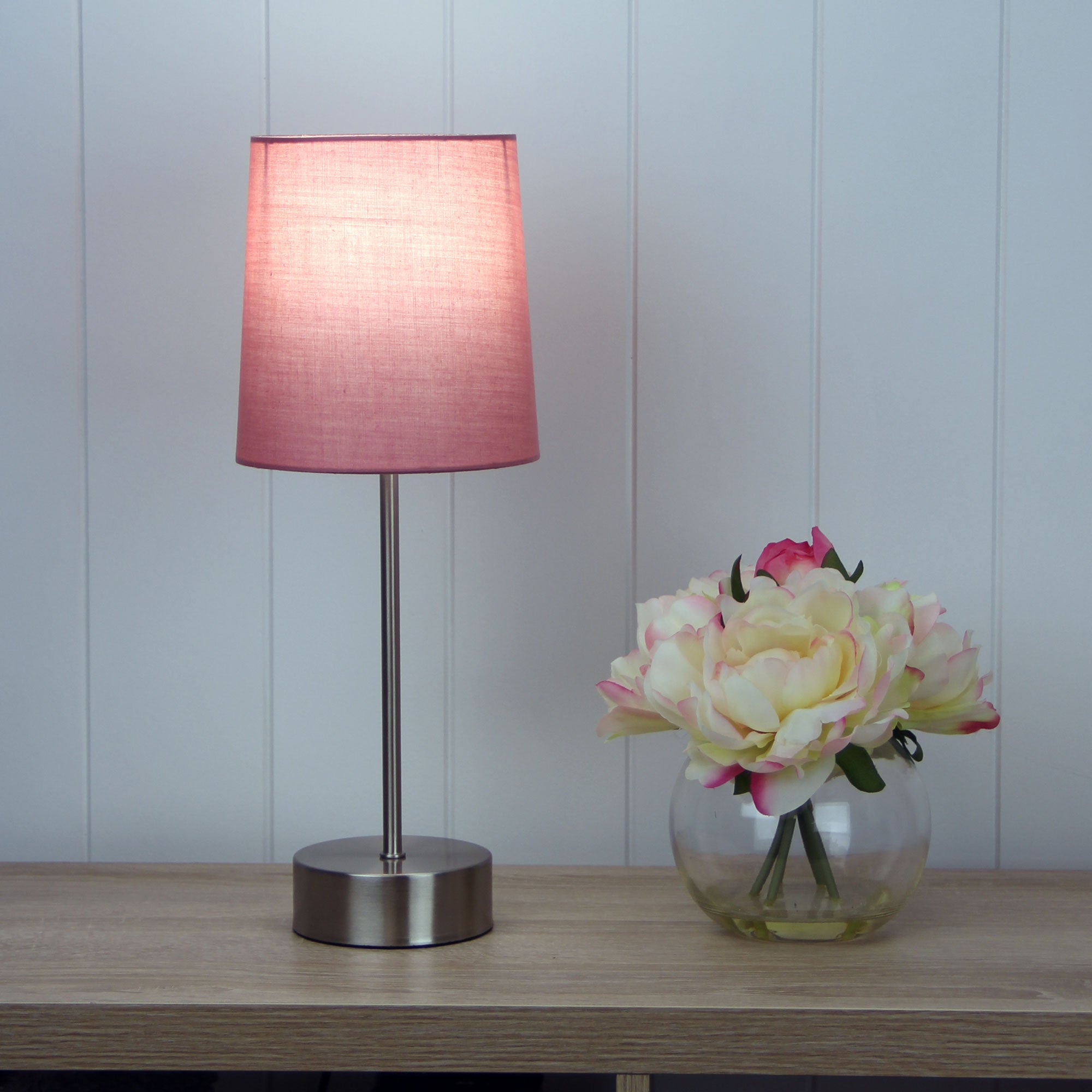 Lancet Brushed Chrome & Pink Fabric Shade On-Off Touch Lamp