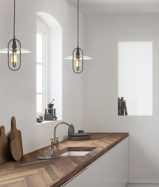 PAPILLON: Interior Oblong Iron with Glass Coolie Pendant Lights