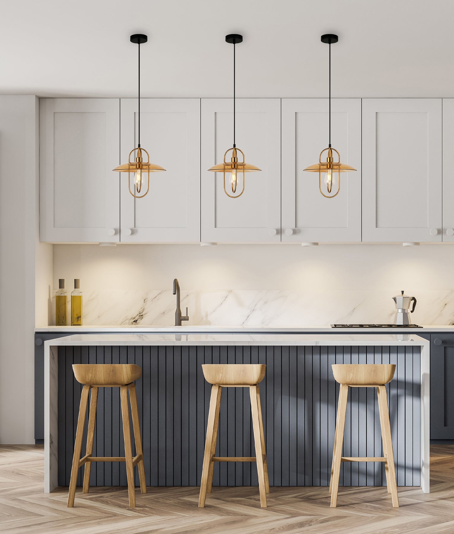 PAPILLON: Interior Oblong Iron with Glass Coolie Pendant Lights