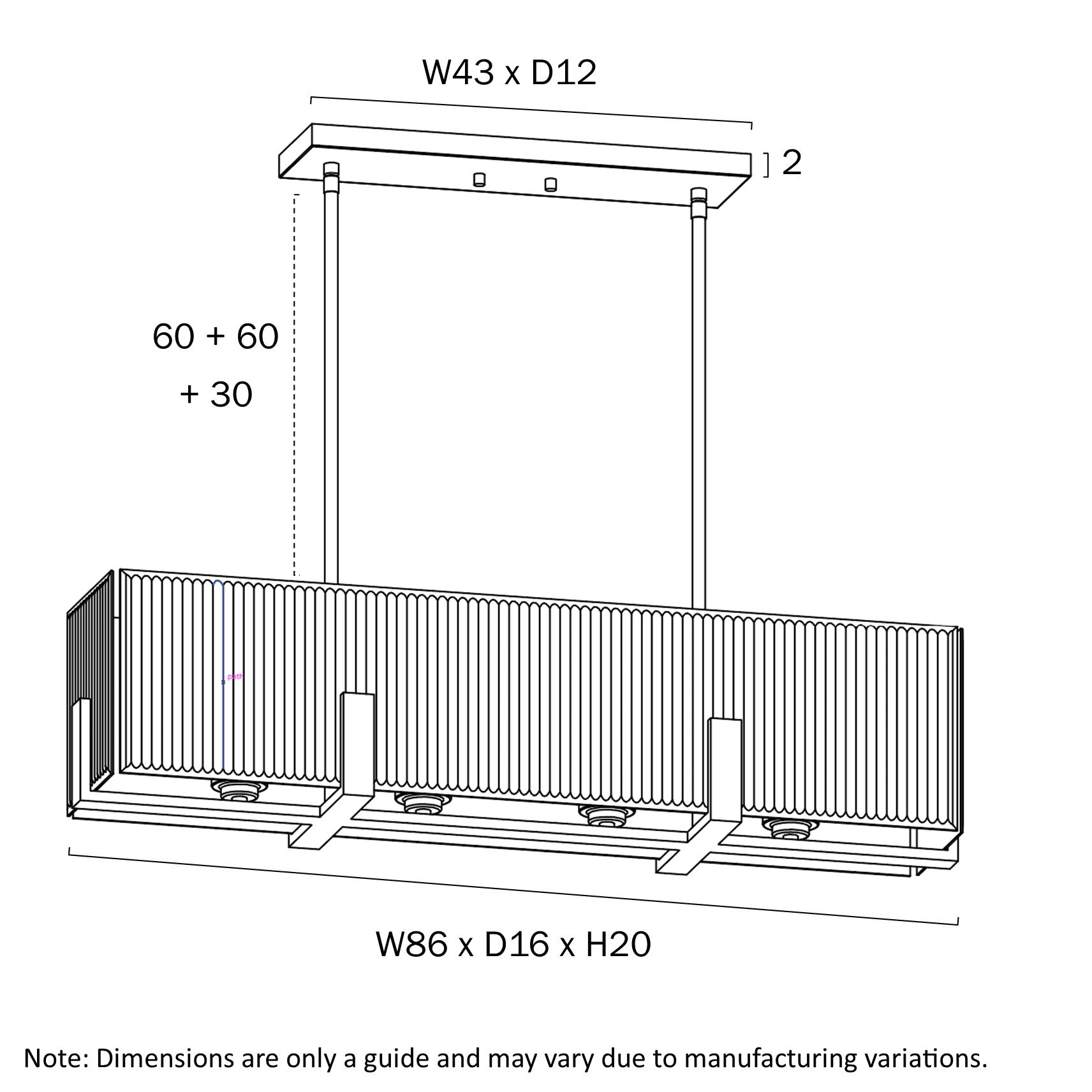 Pelion Chrome or Antique Gold with Clear Ribbed Glass 4 Light Pendant