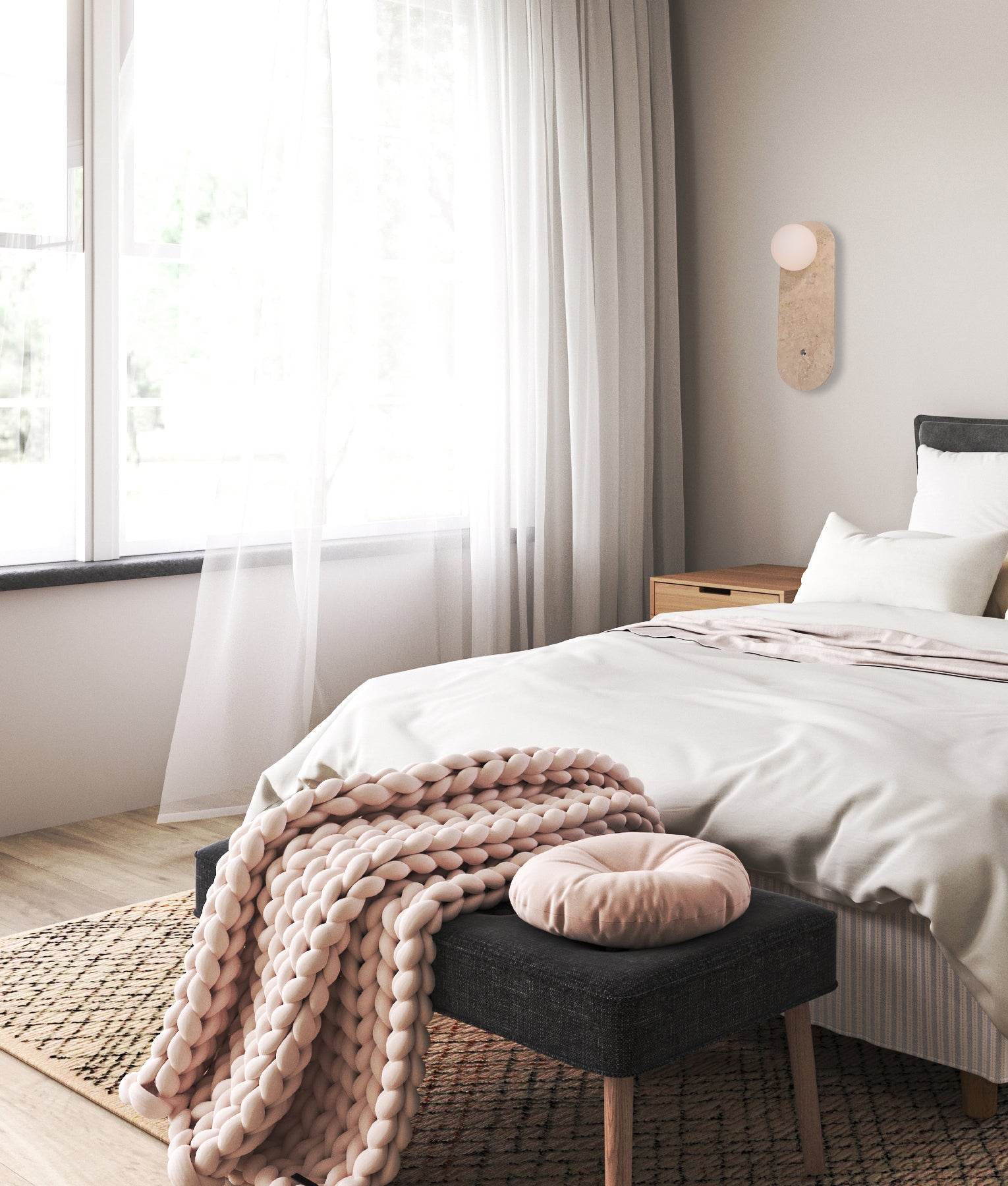 POI: Interior Oblong Travertine Base with Beige Finish & Round Opal Diffuser Wall Light