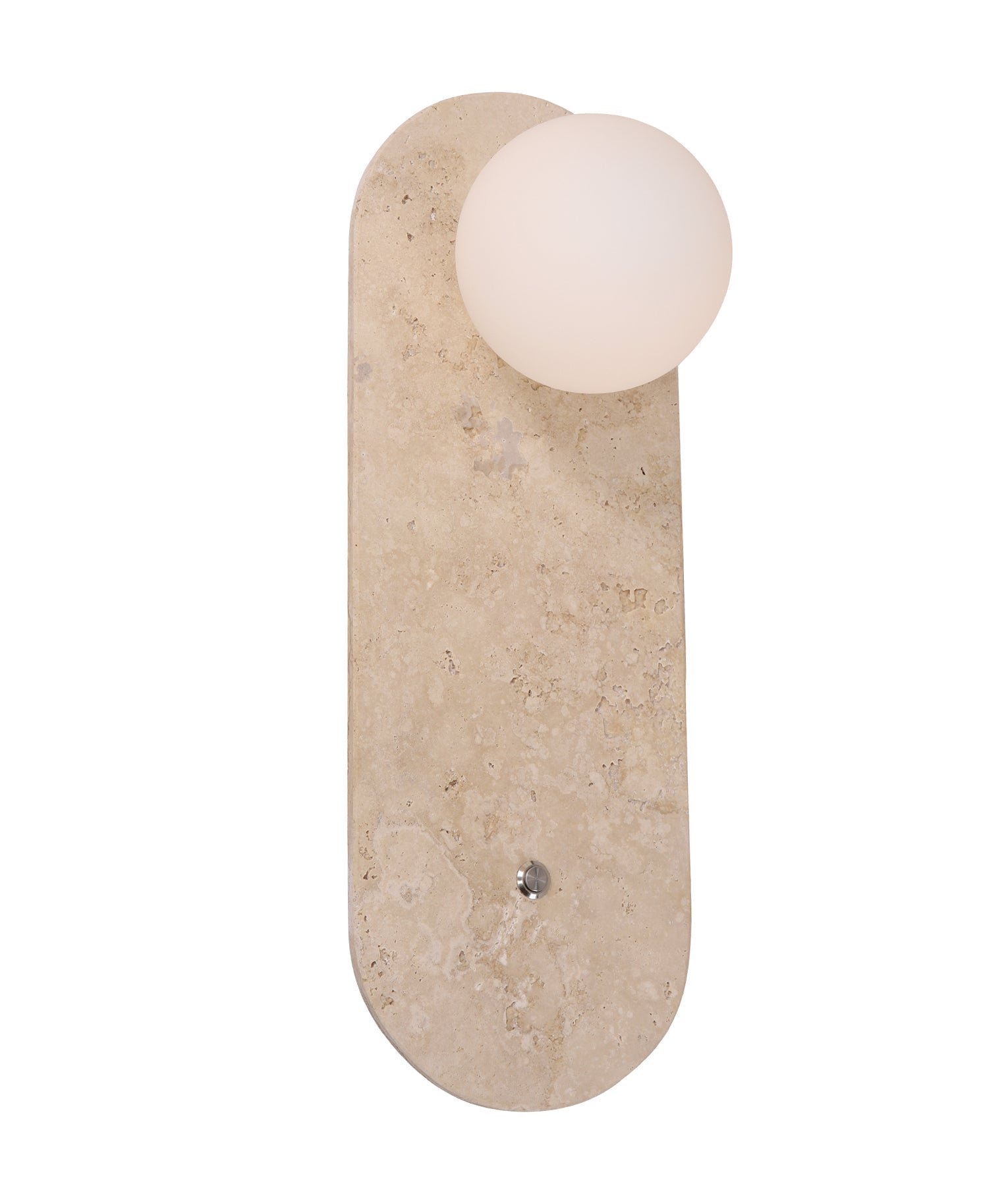 POI: Interior Oblong Travertine Base with Beige Finish & Round Opal Diffuser Wall Light