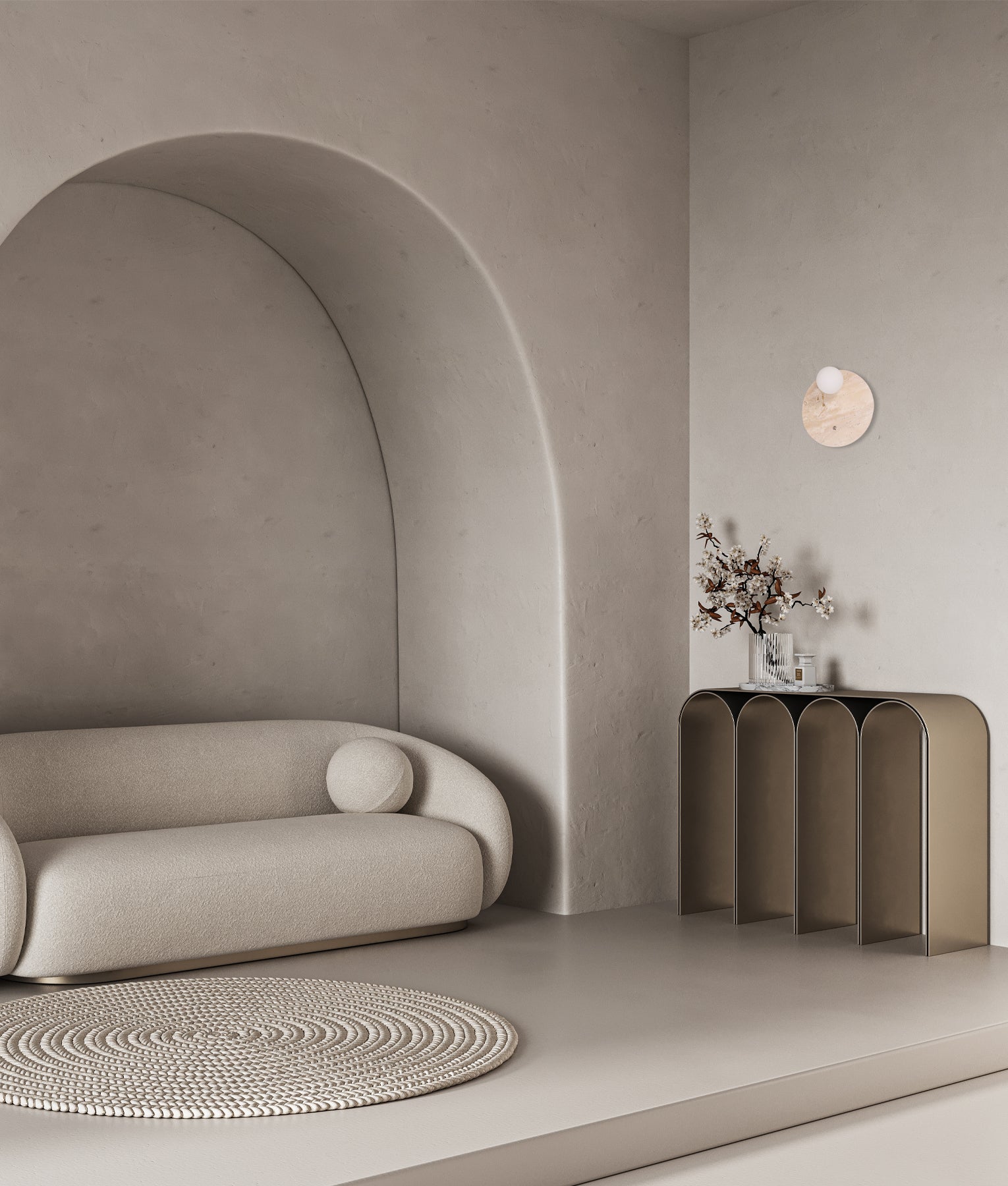 POI: Interior Round Travertine Base with Beige Finish & Round Opal Diffuser Wall Light