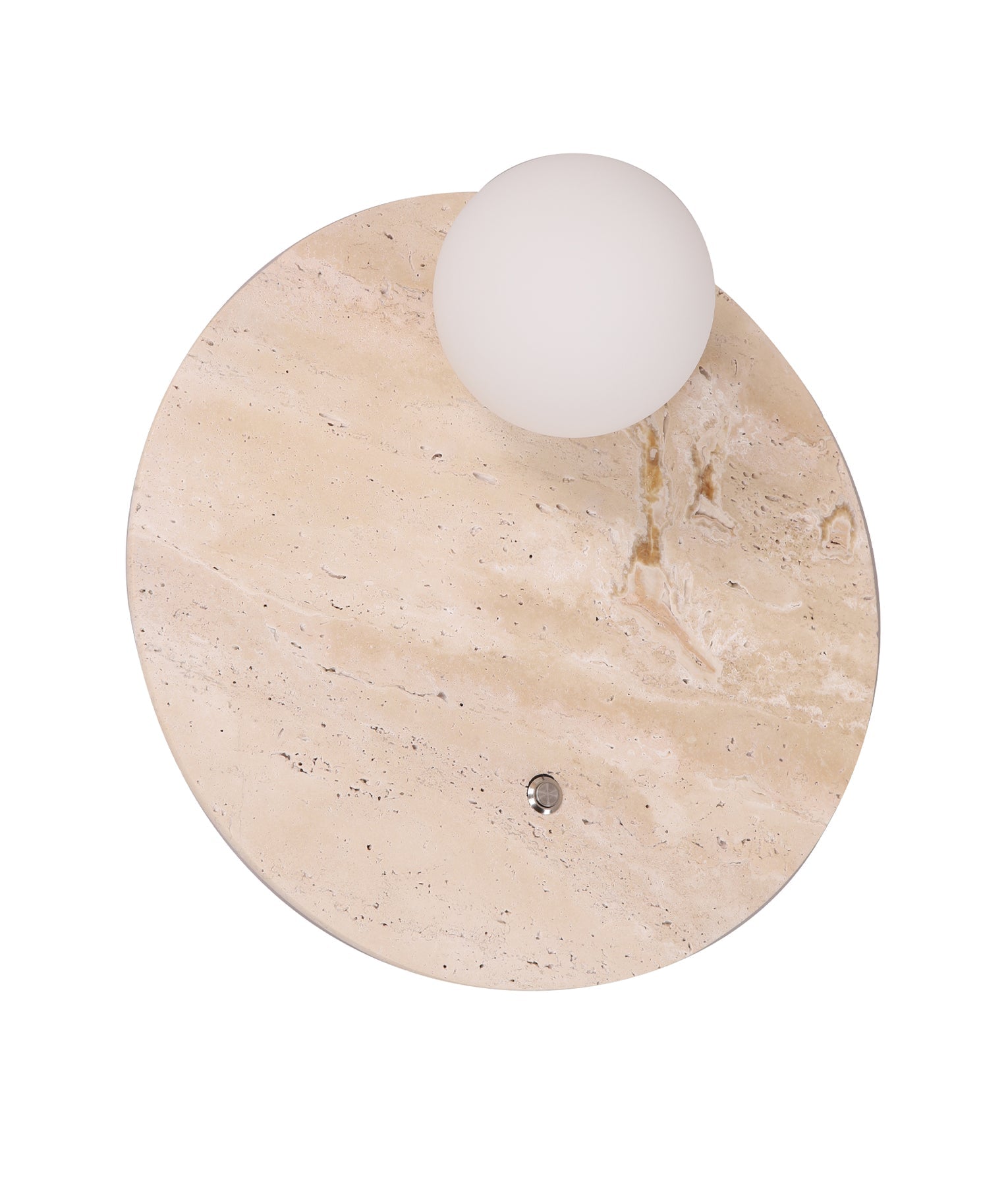 POI: Interior Round Travertine Base with Beige Finish & Round Opal Diffuser Wall Light