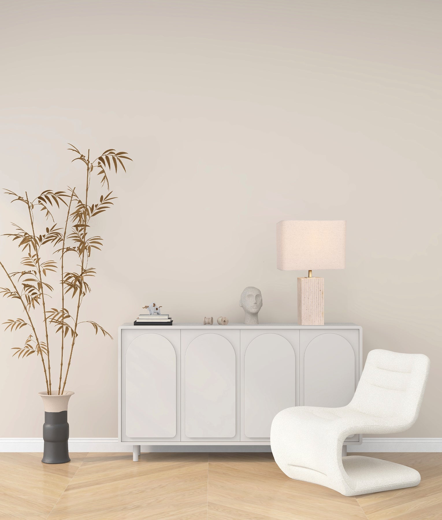 Sagitta: Beige Travertine Base Rectangular Fabric Cream Shade Table Lamps
