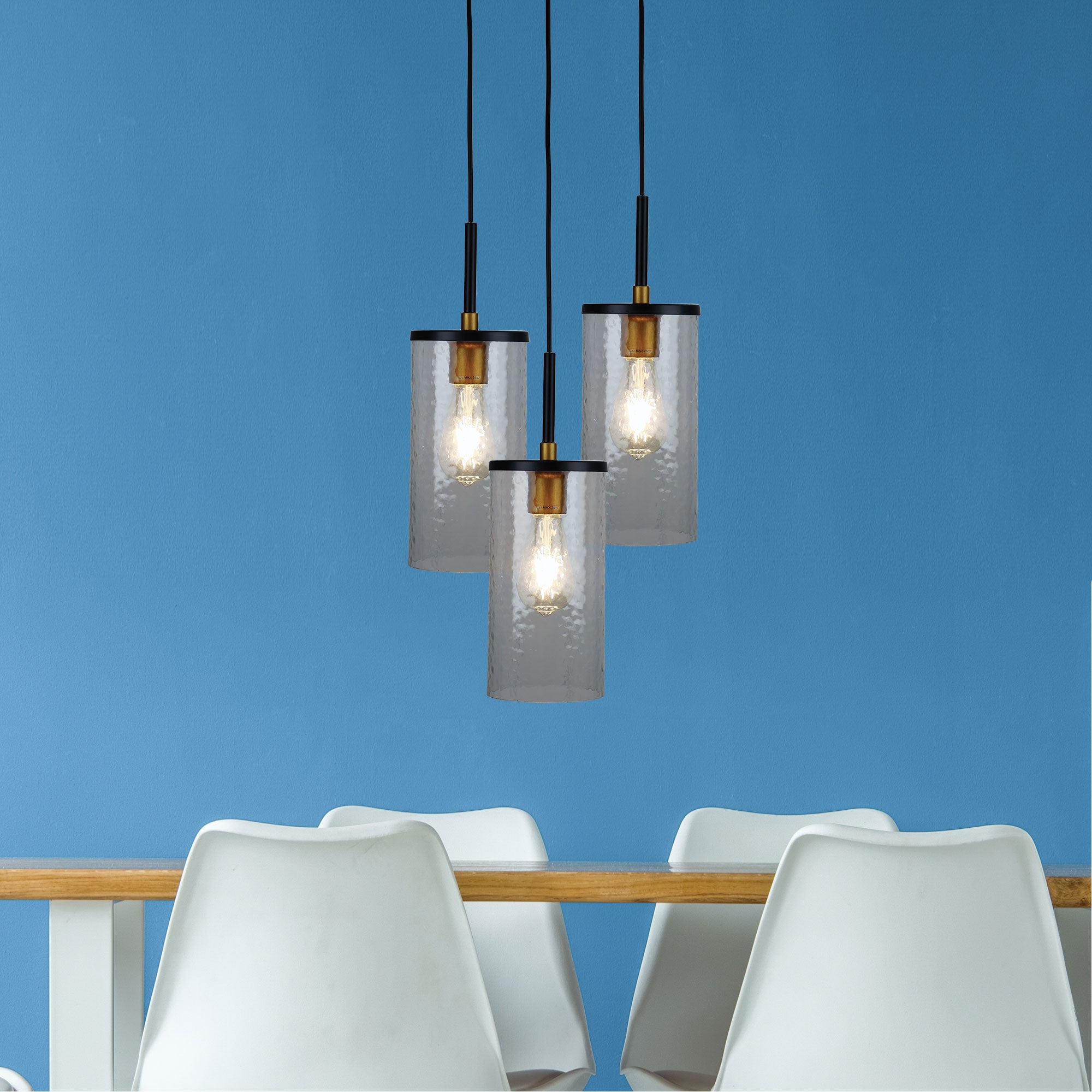 Raymont Black, Aged Brass & Glass 3 Light Pendant