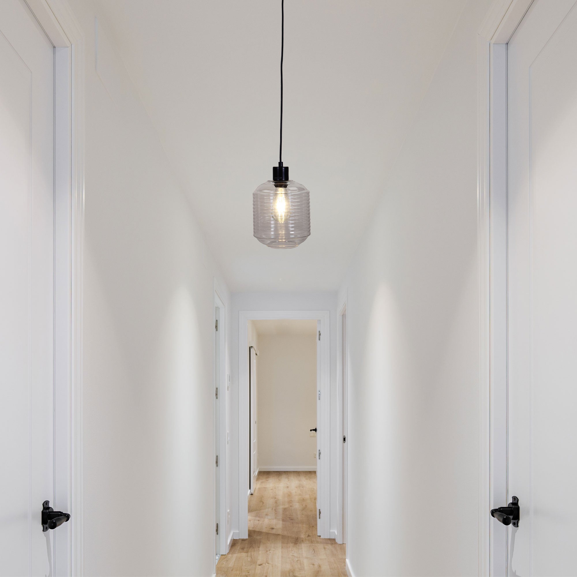 Marconi.18 Black & Ribbed Clear Glass 1 Light Pendant