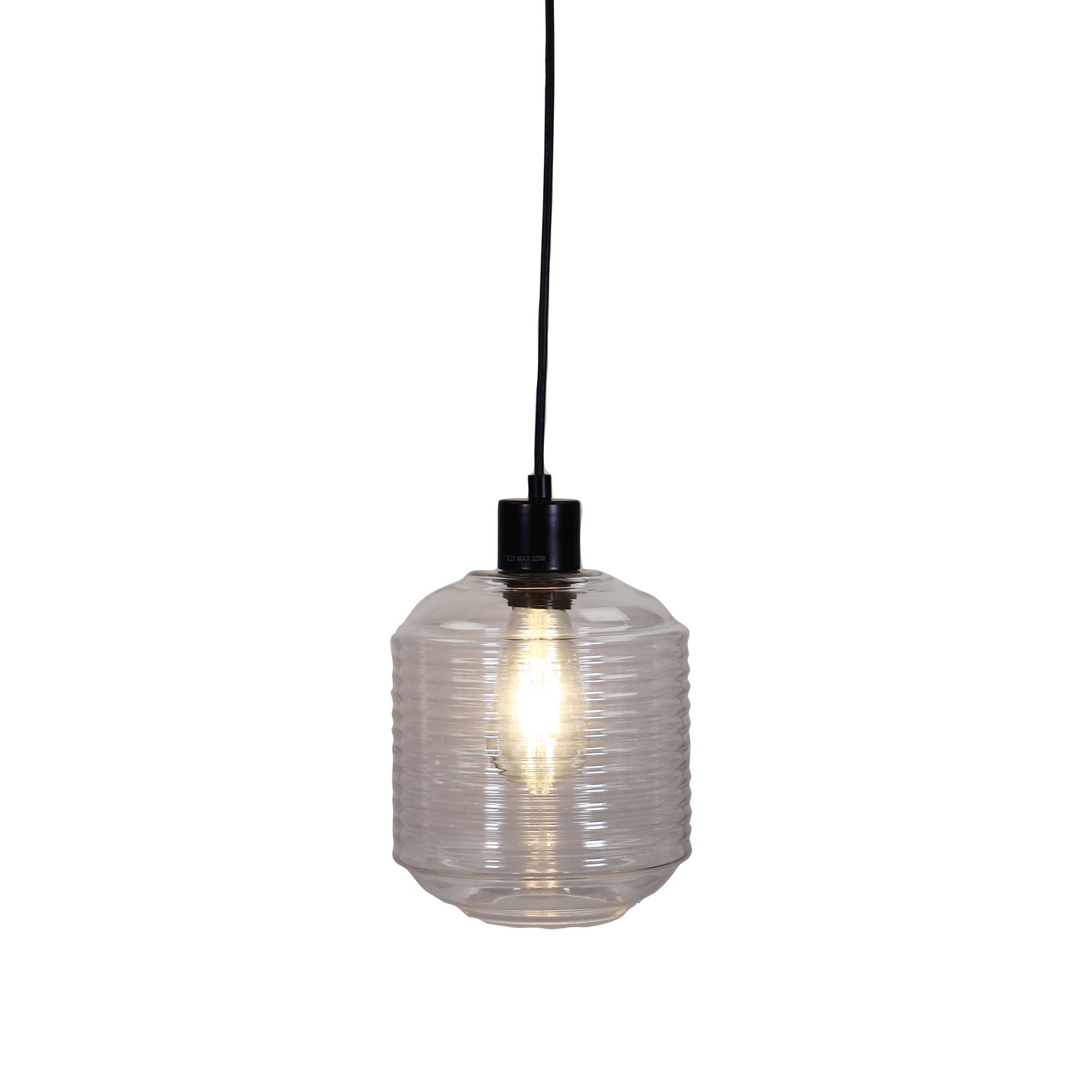 Marconi.18 Black & Ribbed Clear Glass 1 Light Pendant