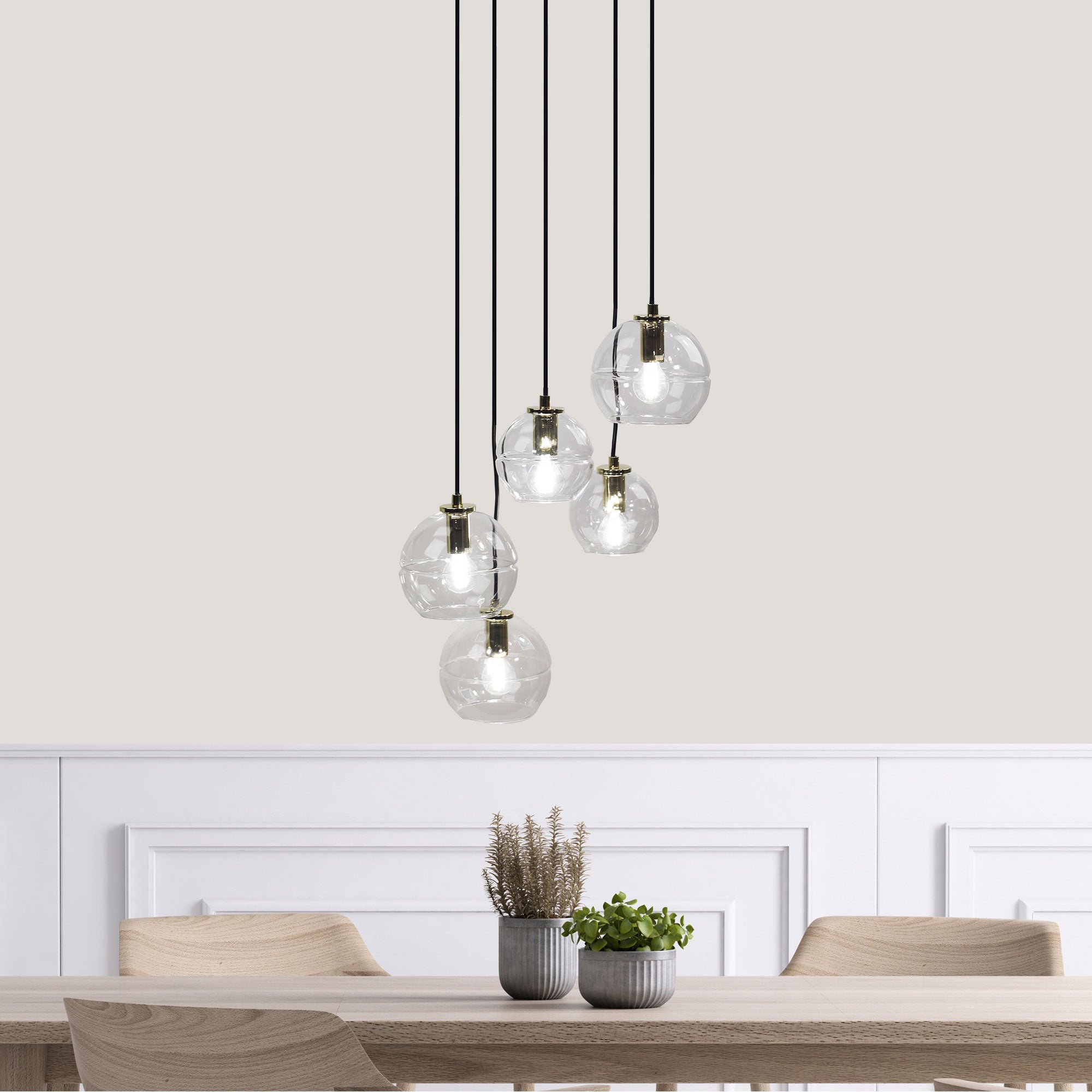 Reno.5 Black, Brass & Clear Glass 5 Light E14 Pendant