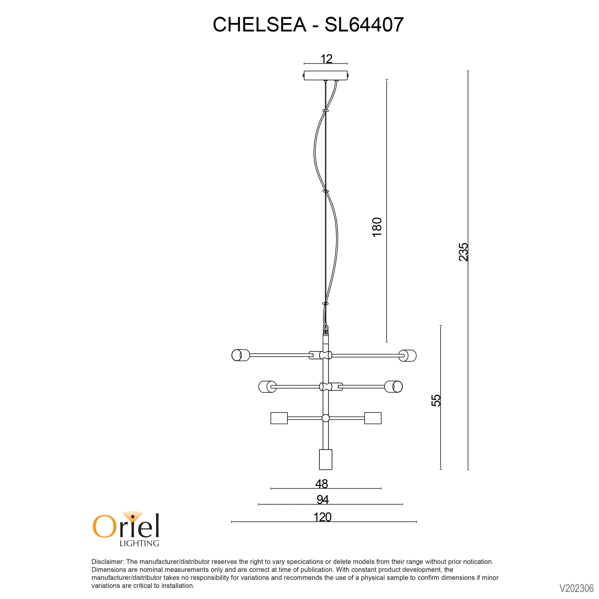 Chelsea.120 Black 6 Light E27 Large Contemporary Pendant