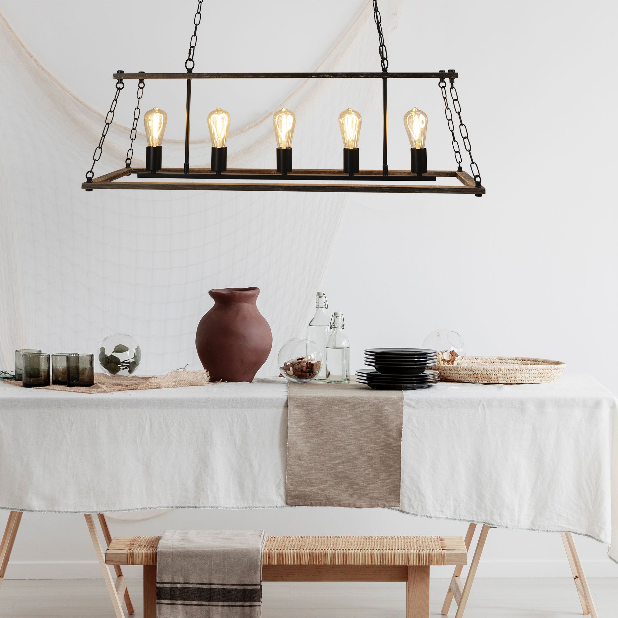 Island Timber & Black 5 Light E27 Pendant