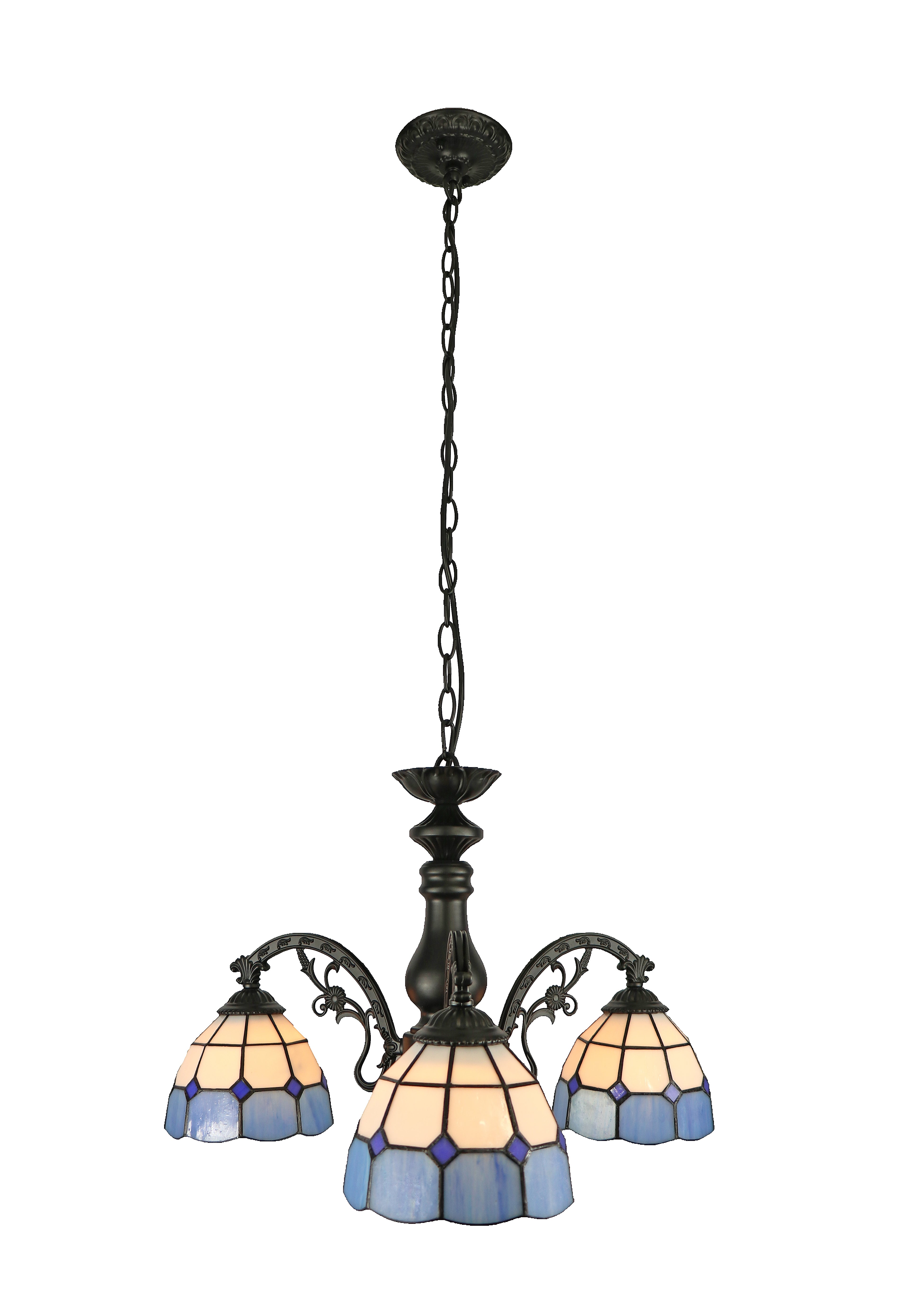 3-shade downward pendant – blue & white geometric, D600 x H330 mm