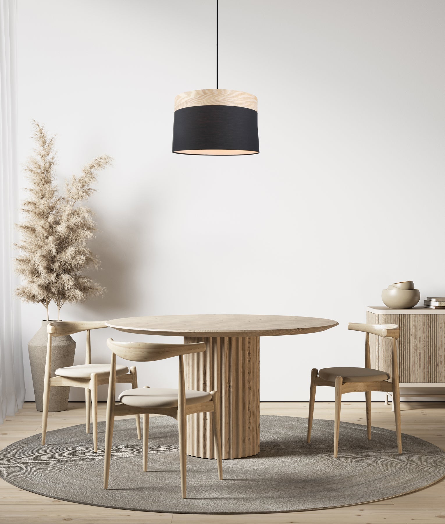 TAMBURA: Scandinavian Large Drum Cloth Shade with Wood Veneer Trim Pendant Lights