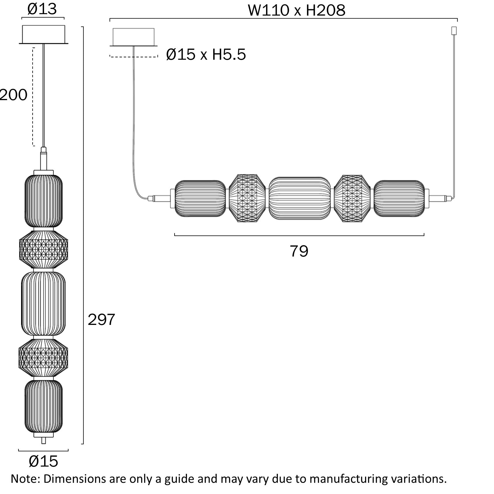 Torso Brass or Black 26W 3000K 5 Light Pendant