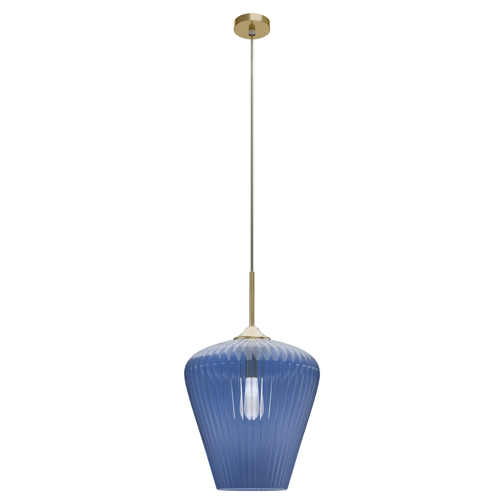 Ribbon Gold with Blue Ribbed Glass E27 360mm Pendant