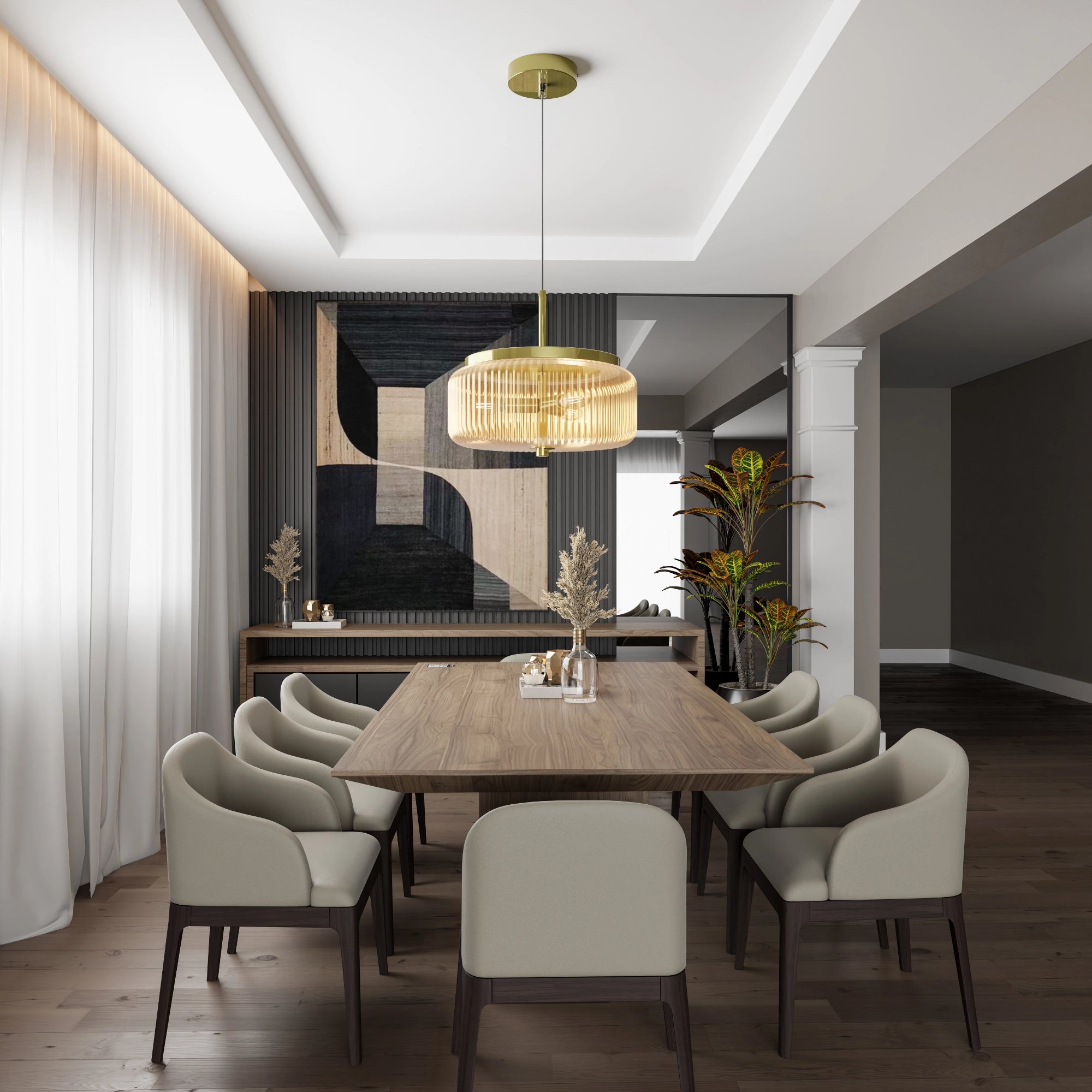 Whistler Gold & Amber Contemporary Ribbed Glass 3xG9 Pendant