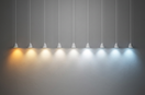 Pendant lights showing LED colour temperatures from warm white to cool white.