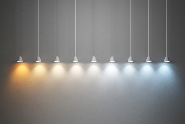 Pendant lights showing LED colour temperatures from warm white to cool white.