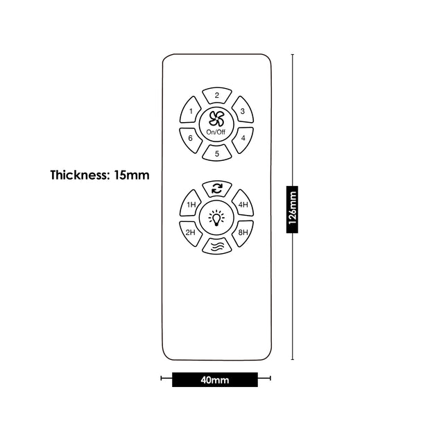 Vencha Bronte ceiling fan remote handset, dimensions and controls