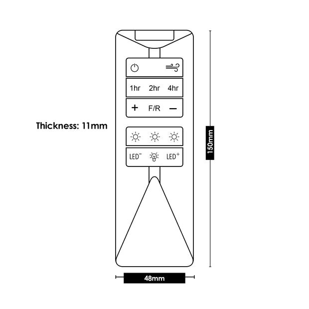 Vencha Kiwi ceiling fan remote handset, dimensions and controls