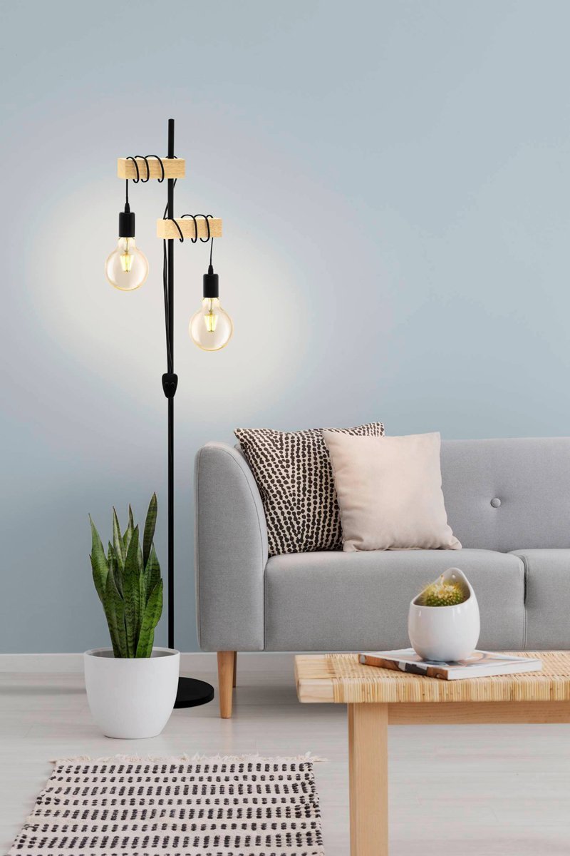 Townshend 2 Light Floor Lamp in Black & Timber