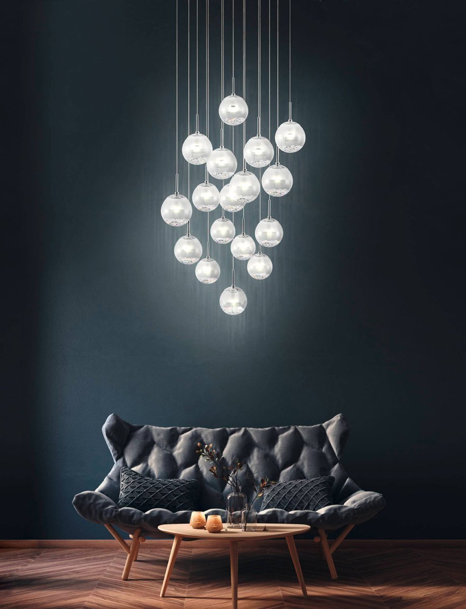 Montefio 17 Light 85W LED Chrome Pendant Light with Crystals in a Clear Glass in Warm White