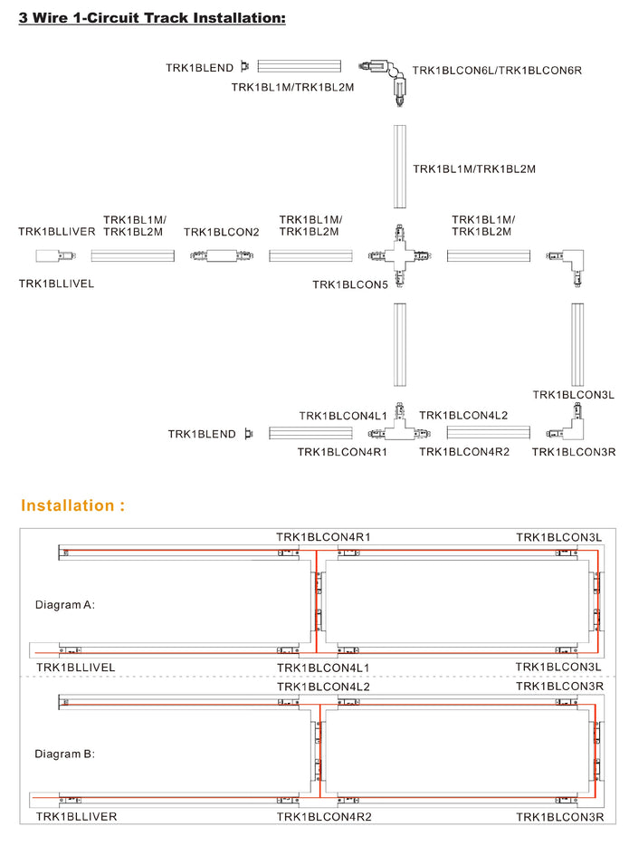 3 Wire 1 Circuit Universal Tracks, Connectors, End Cap & Live End