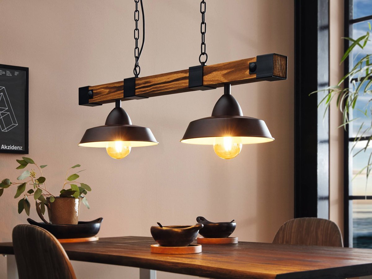 Oldbury 2 Light Black & Rustic Brown Wood Pendant Light