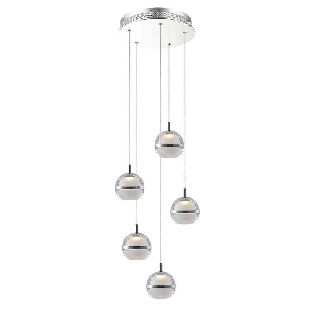 POD 5 Light Warm White LED Pendant Light in Chrome with Glass