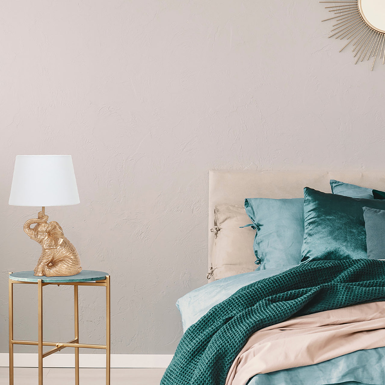 Indi Gold Elephant with White Shade Table Lamp