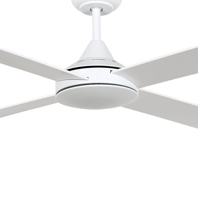 Eglo Stradbroke 52 inch DC ceiling fan in matt white, angled view from below
