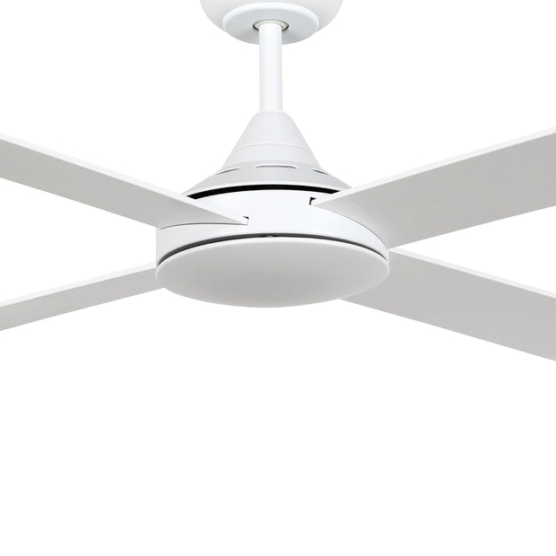 Eglo Stradbroke 52 inch DC ceiling fan in matt white, angled view from below