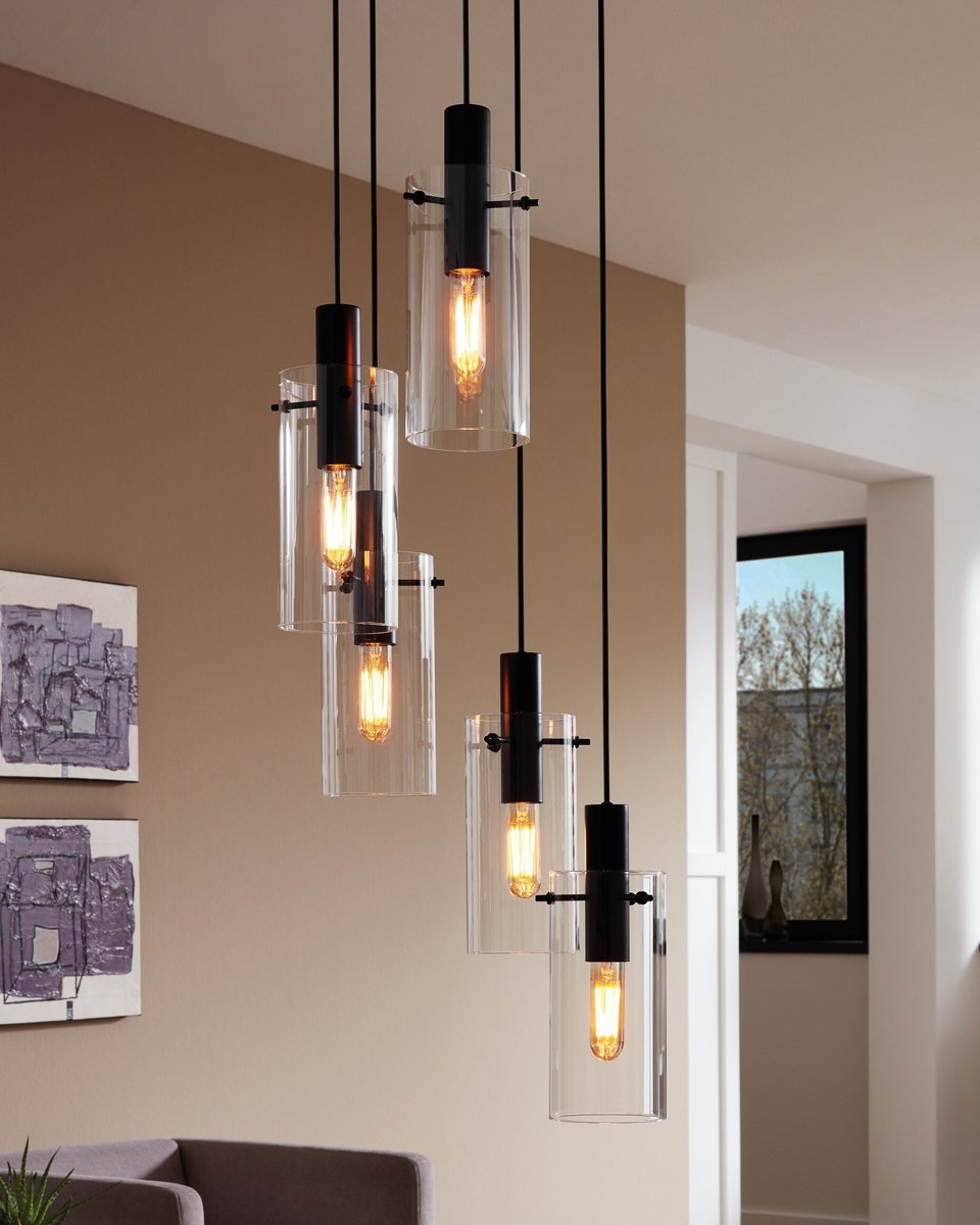 Montefino 5 Light Cluster Black with Glass Pendant Light