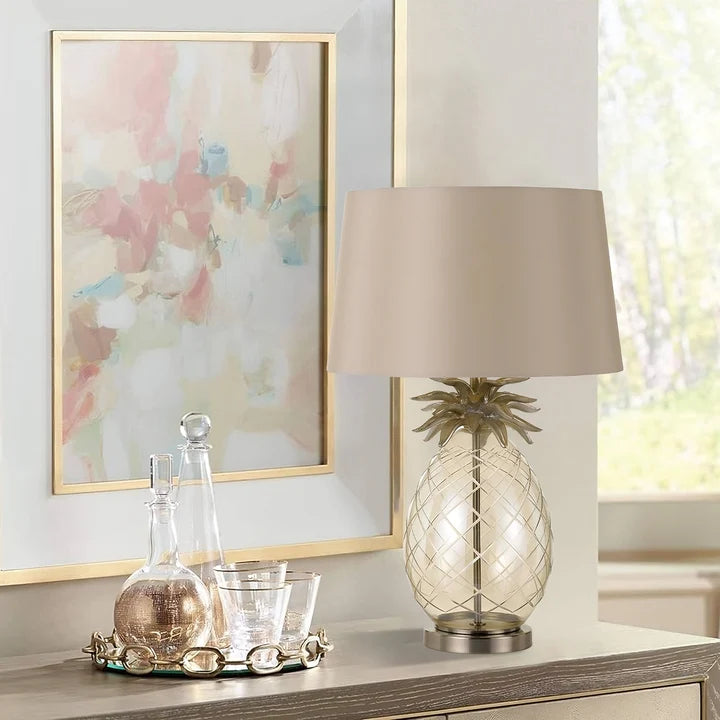 Ananas Antique Chrome & Champagne Table Lamp with Fabric Shade