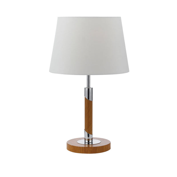 Belmore Walnut/Chrome or Teak/Chrome Table Lamp with White Fabric Shade