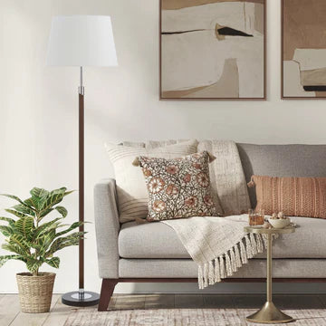 Belmore Walnut/Chrome or Teak/Chrome Floor Lamp with White Fabric Shade