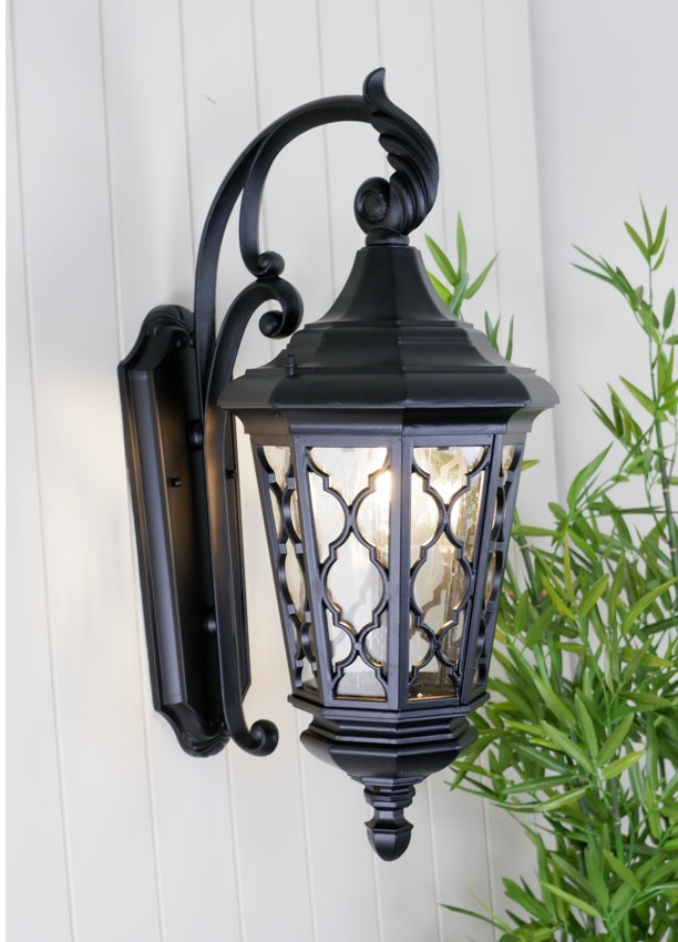 Brinley 35 Black & Clear Seeded Glass IP44 Exterior Wall Light