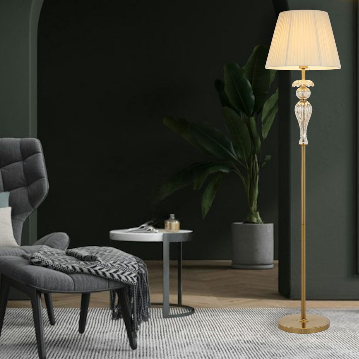 Cadiz Chrome or Antique Gold & Glass Floor Lamp with Fabric Shade